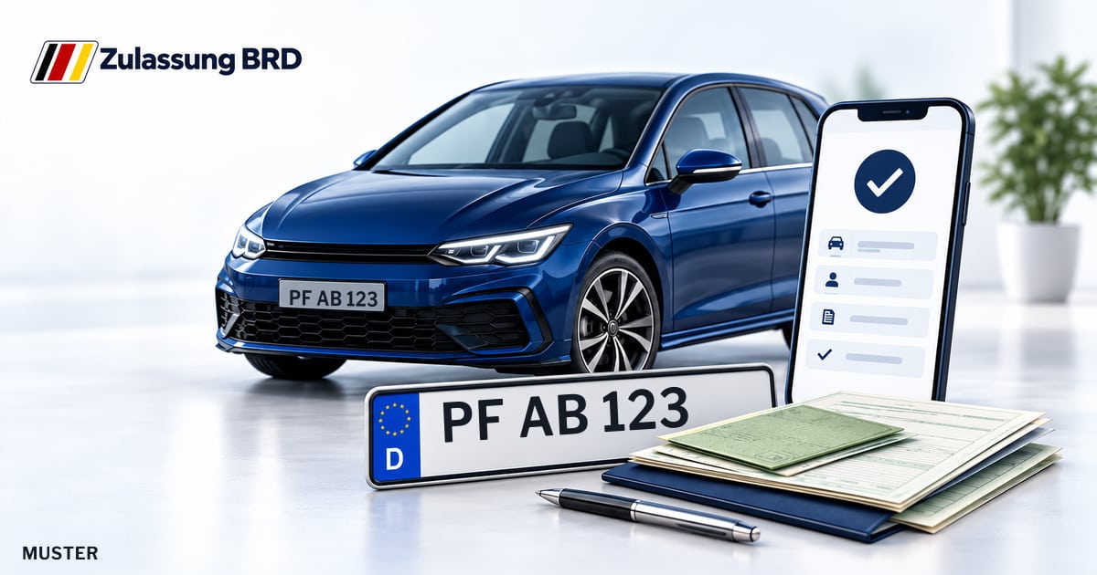 Online Fahrzeugzulassung in Pforzheim: Musterkennzeichen PF AB 123, Auto und Fahrzeugpapiere und Smartphone. Illustration mit Logo von Zulassung BRD.